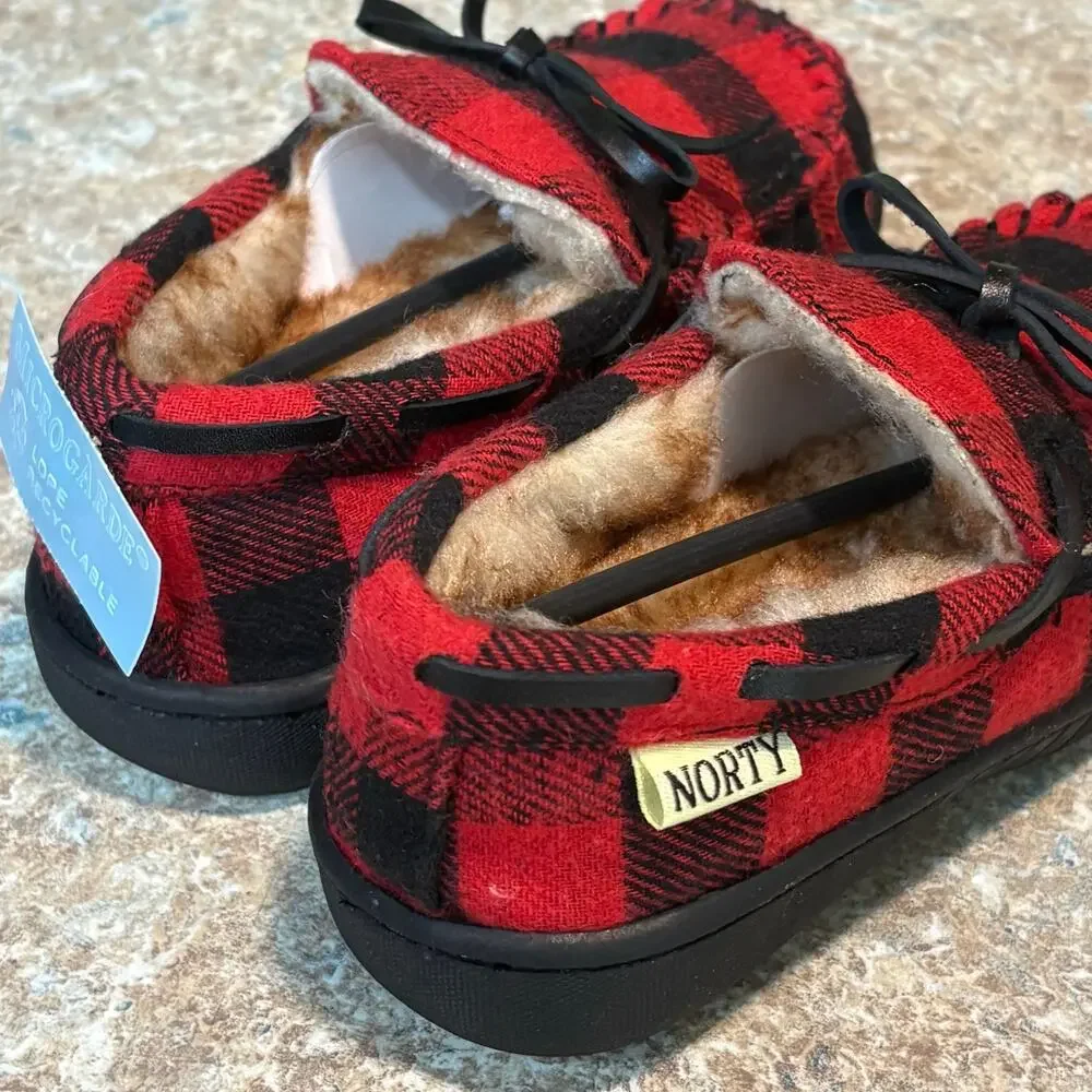 Norty Red & Black Moccasin Slip on Fleece Buffalo Check Slippers Size 11 Boy new